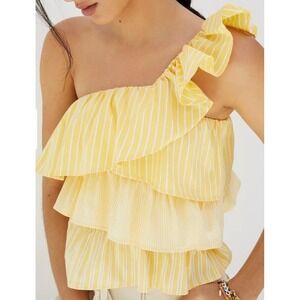 Maeve Anthropologie One Shoulder Ruffle Top Yellow Striped Size M Coastal Summer